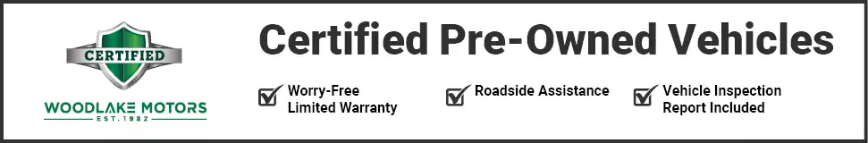 Certified Pre-Owned Vehicles banner with Woodlake Motors logo and benefits: warranty, roadside assistance, inspection reportIncluded